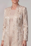Champagne 2-Piece Jacquard Sheath Round Neck Long Mother of the Bride Dress with Jacket
