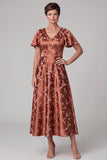 Reddish-Brown A-Line Satin V-Neck Printed Midi Mother of the Bride Dress with Flutter Sleeves