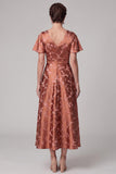 Reddish-Brown A-Line Satin V-Neck Printed Midi Mother of the Bride Dress with Flutter Sleeves