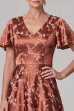 Reddish-Brown A-Line Satin V-Neck Printed Midi Mother of the Bride Dress with Flutter Sleeves