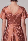 Reddish-Brown A-Line Satin V-Neck Printed Midi Mother of the Bride Dress with Flutter Sleeves