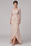 Champagne Sheath Round Neck High Low 3/4 Lace Sleeves Chiffon Maxi Mother of the Bride Dress