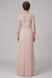Champagne Sheath Round Neck High Low 3/4 Lace Sleeves Chiffon Maxi Mother of the Bride Dress