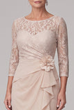 Champagne Sheath Round Neck High Low 3/4 Lace Sleeves Chiffon Maxi Mother of the Bride Dress