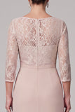 Champagne Sheath Round Neck High Low 3/4 Lace Sleeves Chiffon Maxi Mother of the Bride Dress
