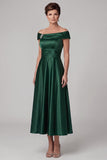 Dark Green Off the Shoulder Ruched Satin A-Line Mother of the Bride Dress with Rhinestone