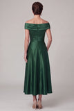 Dark Green Off the Shoulder Ruched Satin A-Line Mother of the Bride Dress with Rhinestone