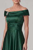 Dark Green Off the Shoulder Ruched Satin A-Line Mother of the Bride Dress with Rhinestone