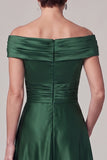 Dark Green Off the Shoulder Ruched Satin A-Line Mother of the Bride Dress with Rhinestone