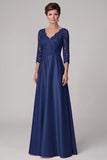 Navy A-Line V-Neck Satin 3/4 Sleeves Long Mother of the Bride Dress with Lace