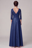 Navy A-Line V-Neck Satin 3/4 Sleeves Long Mother of the Bride Dress with Lace