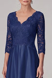 Navy A-Line V-Neck Satin 3/4 Sleeves Long Mother of the Bride Dress with Lace
