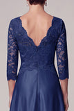 Navy A-Line V-Neck Satin 3/4 Sleeves Long Mother of the Bride Dress with Lace