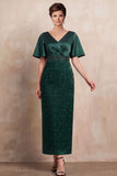 Dark Green Sheath Printed V-Neck Flare Sleeves Midi Mother of the Bride Dress with Beading