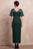 Dark Green Sheath Printed V-Neck Flare Sleeves Midi Mother of the Bride Dress with Beading