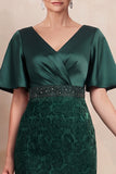 Dark Green Sheath Printed V-Neck Flare Sleeves Midi Mother of the Bride Dress with Beading
