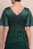 Dark Green Sheath Printed V-Neck Flare Sleeves Midi Mother of the Bride Dress with Beading