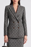 Grey Polka Dot Fitted Peak Lapel Single Breasted Knee-Length Work Dress