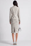 Grey Blue Two Piece Notched Lapel Single Breasted Plaid Work Dress