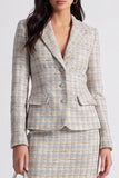 Grey Blue Two Piece Notched Lapel Single Breasted Plaid Work Dress