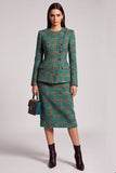 Green Plaid Two Piece Round Neck Midi Work Dress
