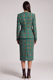 Green Plaid Two Piece Round Neck Midi Work Dress