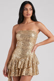 Golden Bodycon Tiered Ruffled Sequins Strapless Short Cocktail Dress