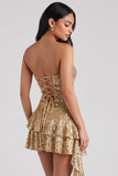 Golden Bodycon Tiered Ruffled Sequins Strapless Short Cocktail Dress