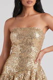 Golden Bodycon Tiered Ruffled Sequins Strapless Short Cocktail Dress