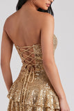 Golden Bodycon Tiered Ruffled Sequins Strapless Short Cocktail Dress