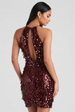 Burgundy Sequins Bodycon Halter Short Cocktail Dress with Fringes