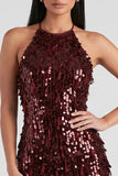 Burgundy Sequins Bodycon Halter Short Cocktail Dress with Fringes