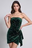 Dark Green Printed Velvet Strapless Ruched Short Cocktail Dress