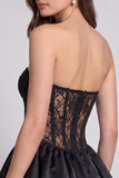 Black Corset Strapless Bubble Hem Short Cocktail Dress with Lace