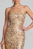 Sparkly Golden Sequins Mermaid Strapless Maxi Evening Dress
