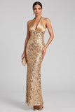 Mermaid Golden Halter Backless Long Evening Dress with Sequins