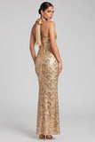 Mermaid Golden Halter Backless Long Evening Dress with Sequins