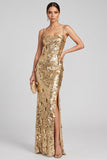 Sparkly Golden Sheath Sequins Slit Maxi Evening Dress with 3D Appliques