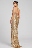 Sparkly Golden Sheath Sequins Slit Maxi Evening Dress with 3D Appliques