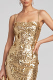 Sparkly Golden Sheath Sequins Slit Maxi Evening Dress with 3D Appliques