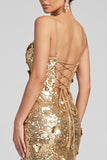 Sparkly Golden Sheath Sequins Slit Maxi Evening Dress with 3D Appliques