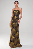Sparkly Black Golden Sheath Sequins Strapless Maxi Evening Dress with Beading