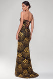 Sparkly Black Golden Sheath Sequins Strapless Maxi Evening Dress with Beading