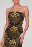 Sparkly Black Golden Sheath Sequins Strapless Maxi Evening Dress with Beading