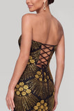 Sparkly Black Golden Sheath Sequins Strapless Maxi Evening Dress with Beading