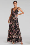 Black Pink A-Line V-Neck Floral Sequins Maxi Evening Dress