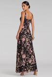 Black Pink A-Line V-Neck Floral Sequins Maxi Evening Dress