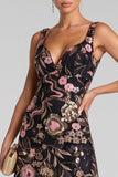 Black Pink A-Line V-Neck Floral Sequins Maxi Evening Dress
