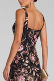 Black Pink A-Line V-Neck Floral Sequins Maxi Evening Dress