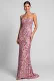 Sparkly Pink Mermaid Spaghetti Straps Sequins Evening Dress with Lace Up Back